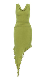 RUFFLE SLIT MIDI DRESS IN DARK CHARTREUSE DRESS STYLE OF CB
