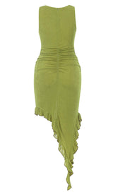 RUFFLE SLIT MIDI DRESS IN DARK CHARTREUSE DRESS STYLE OF CB