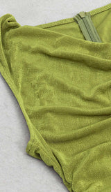 RUFFLE SLIT MIDI DRESS IN DARK CHARTREUSE DRESS STYLE OF CB