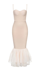 RUFFLE STRAPPY MIDI DRESS IN BEIGE DRESS STYLE OF CB