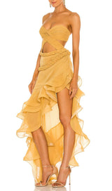 RUFFLE THIGH SLIT MAXI DRESS IN LIGHT ORANGE DRESS STYLE OF CB