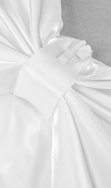 SATIN PINK BOW OFF SHOULDER MINI DRESS IN WHITE Dresses styleofcb