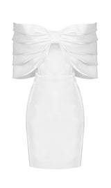SATIN PINK BOW OFF SHOULDER MINI DRESS IN WHITE Dresses styleofcb XS WHITE