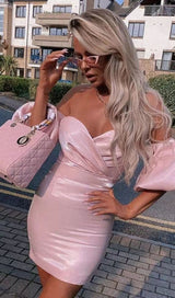 SATIN PUFF SLEEVE MINI DRESS IN PINK Dresses styleofcb