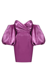 SATIN PUFF SLEEVE MINI DRESS IN RED Dresses styleofcb XS PURPLE