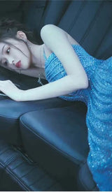SEQUIN SLEEVELESS MAXI DRESS IN BLUE styleofcb