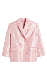 SEQUINED DOUBLE BREASTED LONG BLAZER IN PINK styleofcb