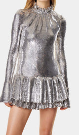 SEQUIN RUFFLE MINI DRESS IN METALLIC SILVER DRESS STYLE OF CB