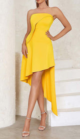 SLEEVELESS BANDEAU HIGH-LOW DRESS IN YELLOW DRESS styleofcb