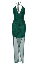 SPLIT THIGH MESH MIDI DRESS IN OLIVE GREEN DRESS STYLE OF CB