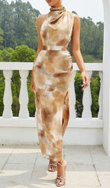 SPOT-PRINT THIGH SLIT MIDI DRESS IN COFFEE BEANS DRESS STYLE OF CB