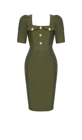 SQUARE COLLAR BUTTON MIDI DRESS IN OLIVE GREEN DRESS sis label