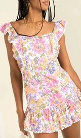 SQUARE NECK FLORAL RUFFLED MINI DRESS IN PINK DRESS STYLE OF CB