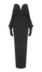 STRAPLESS DRAPED KNITTED MAXI DRESS IN NOIR sis label