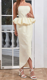 STRAPLESS RUFFLE MIDI DRESS IN IVORY DRESS sis label