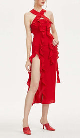 STRAPLESS RUFFLE SLIT MIDI DRESS IN RED DRESS sis label