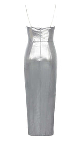 STRAPPY SPILT MIDI DRESS IN METALLIC SILVER DRESS STYLE OF CB