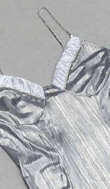 STRAPPY SPILT MIDI DRESS IN METALLIC SILVER DRESS STYLE OF CB
