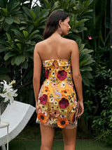 Strapless Mesh Flower Mini Dress In Orange Dresses sis label