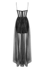 STRAPPY DRAPED RHINESTONE TULLE CORSET MAXI DRESS IN BLACK styleofcb