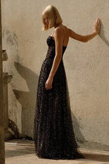 STRAPPY DRAPED RHINESTONE TULLE CORSET MAXI DRESS IN BLACK styleofcb