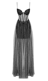 STRAPPY DRAPED RHINESTONE TULLE CORSET MAXI DRESS IN BLACK styleofcb