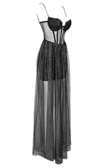 STRAPPY DRAPED RHINESTONE TULLE CORSET MAXI DRESS IN BLACK styleofcb