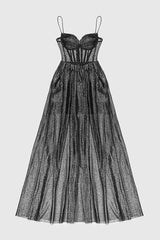STRAPPY DRAPED RHINESTONE TULLE CORSET MAXI DRESS IN BLACK styleofcb