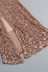 STRAPPY SEQUINS SLIT MIDI DRESS IN GOLD Sequins Dress styleofcb
