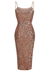 STRAPPY SEQUINS SLIT MIDI DRESS IN GOLD Sequins Dress styleofcb