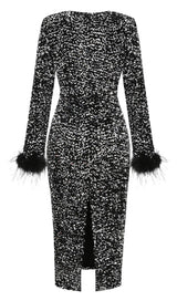 SEQUIN FEATHER LONG SLEEVES MIDI DRESS styleofcb