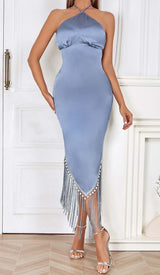 TASSEL SATIN MIDI DRESS IN BLUE DRESS STYLE OF CB