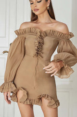 TEXTURED RUCHED FRILL MINI DRESS IN BROWN styleofcb