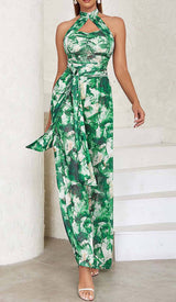 TIE FRONT HALTER NECK BACKLESS JUMPSUIT IN GREEN DRESS styleofcb