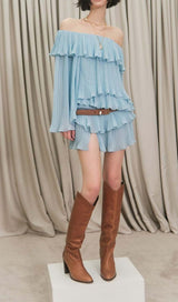 TIERED OFF-SHOULDER MINI DRESS IN BLUE DRESS STYLE OF CB