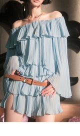 TIERED OFF-SHOULDER MINI DRESS IN BLUE DRESS STYLE OF CB