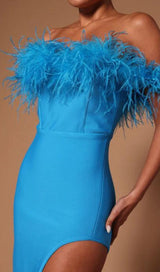 FEATHER TRIM OFF THE SHOULDER HIGH LOW DRESS IN BLUE DRESS sis label