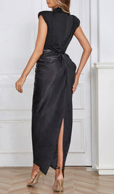 RUCHED OFF SLEEVE MAXI DRESS IN BLACK DRESS STYLE OF CB