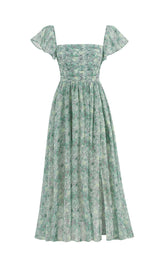 FLORAL COLD SLEEVE MIDI DRESS IN GREEN DRESS STYLE OF CB