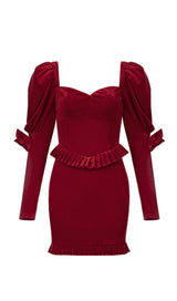 VELVET PUFF SLEEVE MINI DRESS IN WINE RED Dresses styleofcb