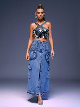 POCKET SPLIT DENIM SKIRT IN BLUE Skirts Oh CICI