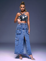 POCKET SPLIT DENIM SKIRT IN BLUE Skirts Oh CICI