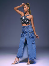 POCKET SPLIT DENIM SKIRT IN BLUE Skirts Oh CICI