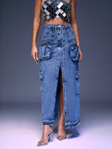 POCKET SPLIT DENIM SKIRT IN BLUE Skirts Oh CICI