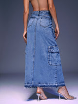 POCKET SPLIT DENIM SKIRT IN BLUE Skirts Oh CICI