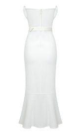 WAIST-TIGHTENING PEARL MIDI DRESS IN WHITE styleofcb