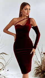 WINE RED ONE SHOULDER VELVET MIDI DRESS styleofcb