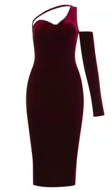 WINE RED ONE SHOULDER VELVET MIDI DRESS styleofcb