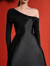 BLACK DIAGONAL SHOULDER LONG SLEEVE MIDI DRESS styleofcb