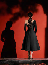 BLACK DIAGONAL SHOULDER LONG SLEEVE MIDI DRESS styleofcb